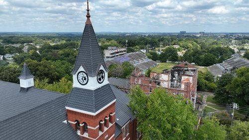September 16, 2022 Atlanta - Aerial photograph shows an iconic clock tower that sits atop Fountain Hall has been vandalized at Morris Brown College on Friday, September 16, 2022. (Hyosub Shin / Hyosub.Shin@ajc.com)

