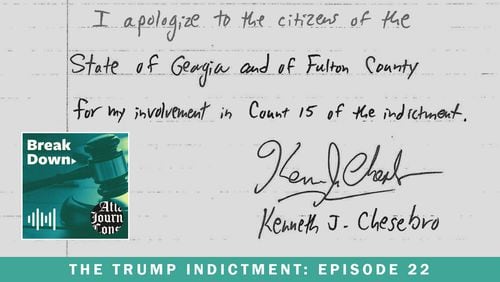 Two of the apology letters, written as a condition of plea deals in the Fulton County election interference case, were only one sentence long, including this one by Kenneth Chesebro. The latest episode of the AJC's "Breakdown" podcast asks if such statements are a symbol of defiance.