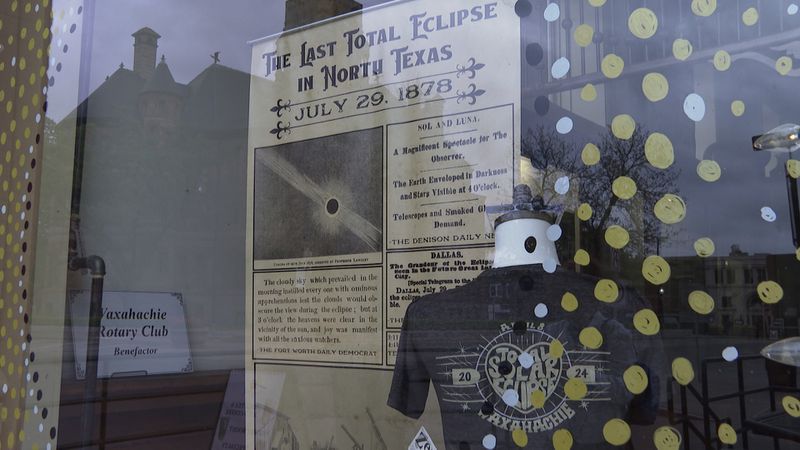 The Ellis County Museum displays newspaper article excerpts and headlines from the region’s last total solar eclipse in 1878 in Waxahachie, Texas on Saturday, April 6, 2024. Waxahachie will be in the path of totality for Monday's eclipse of the sun. (AP Photo/Laura Barfield)