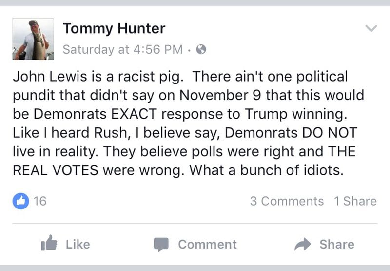 A recent Facebook post from Gwinnett County Commissioner Tommy Hunter.