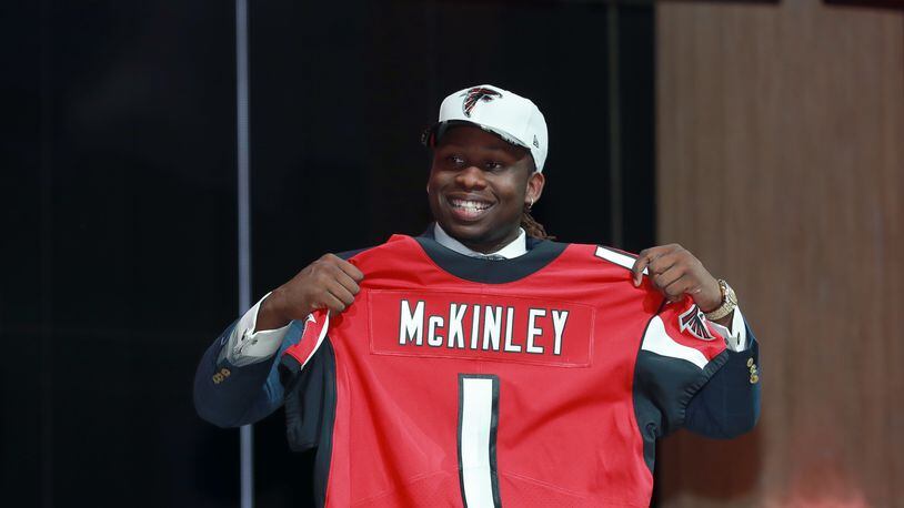 UCLA's Takkarist McKinley poses after being selected by the Atlanta Falcons during the first round of the 2017 NFL football draft, Thursday, April 27, 2017, in Philadelphia. (Jeff Haynes/AP Images for Panini)