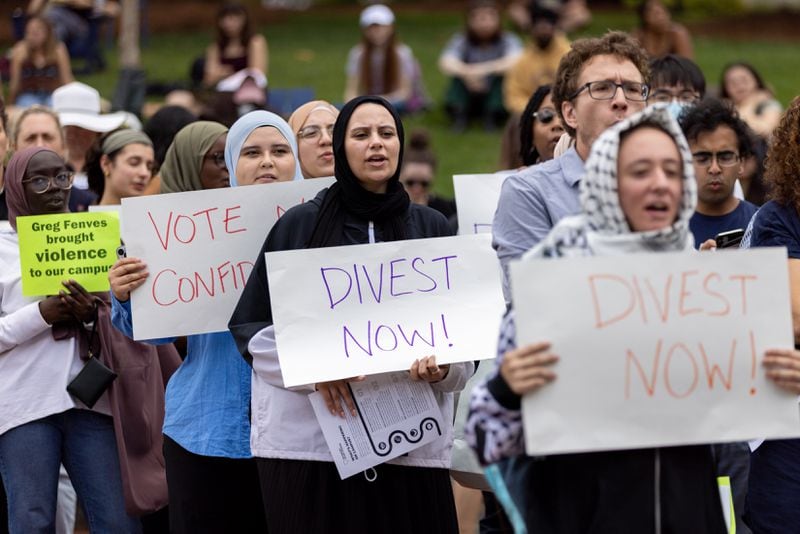 Students, faculty and staff protest at Emory University on Monday. Protesters at various Georgia campuses, including Emory, have called for their schools to cut financial ties to Israel. (Arvin Temkar / AJC)