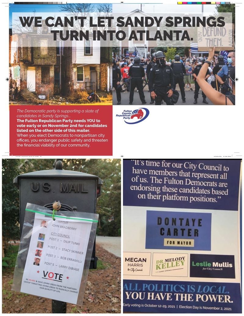 With municipal elections only a week away, the political battlefield has Democrats on one side and Republicans on the other. Candidates in nonpartisan races are publicly urging residents to vote for them or risk seeing their cities becoming home to chaos and lawlessness.
The latest is a Sandy Springs flyer from the Fulton Republican Party stating, “We can’t let Sandy Springs turn into another Atlanta.”