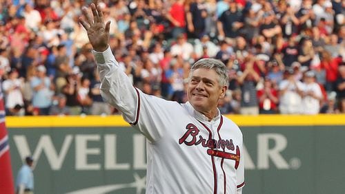 Dale Murphy takes the field for the Braves home opener against the Padres at SunTrust Park on Friday, April 14, 2017, in Atlanta.  Curtis Compton/ccompton@ajc.com