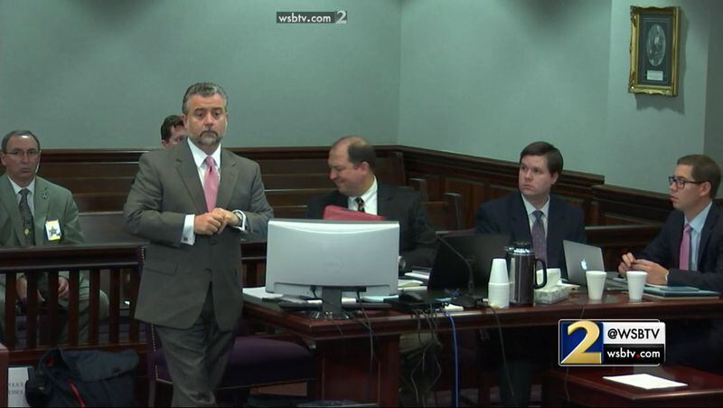 Defense attorney Maddox Kilgore tells the judge that his client Justin Ross Harris has chosen not to testify at his murder trial at the Glynn County Courthouse in Brunswick, Ga., on Friday, Nov. 4, 2016. (screen capture via WSB-TV)