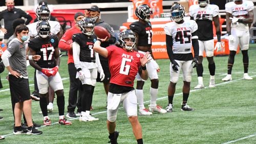 Falcons quarterback Kurt Benkert (6) throws the ball during practice Thursday, Sept. 3, 2020, at Mercedes-Benz Stadium in Atlanta.
