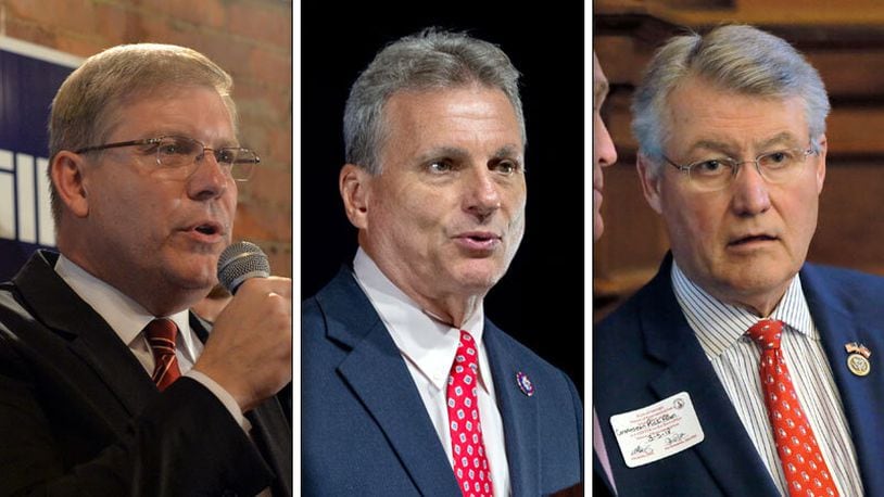 On Saturday, May 21, 2022, former President Donald Trump announced his endorsements of Georgia Republican congressmen: U.S. Reps. Barry Loudermilk (from left), Buddy Carter and Rick Allen. (AJC file photos)