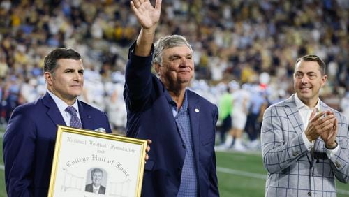 Former Georgia Tech coach Paul Johnson is honored for being named to the College Football hall of fame during  an NCAA football game In Atlanta on Saturday, Oct. 28, 2023 between the Georgia Tech Yellow Jackets and the North Carolina Tar Heels.  (Bob Andres for the Atlanta Journal Constitution)