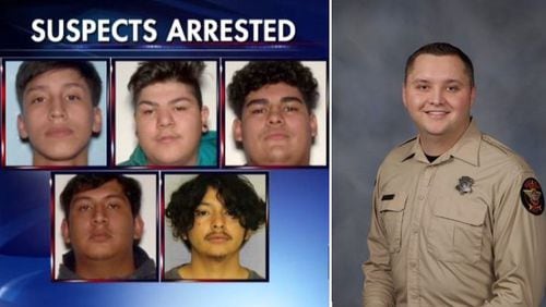 Five more suspects, Adrian Gonzalez-Verduzco (top left), Jiovanny Castillo (top middle), Rodolfo Rodriguez-Puentes (top right), Anthony Macias (bottom left), and Jorge Rodriguez (bottom right), have been charged in connection with the shooting of Hall County Deputy Nicolas Blane Dixon (far right).