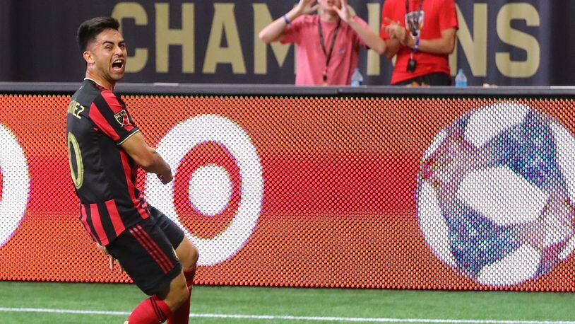 Atlanta United midfielder Pity Martinez reacts to scoring a goal against Orlando City for a 1-0 lead in a MLS soccer match on Sunday, May 12, 2019, in Atlanta.  Curtis Compton/ccompton@ajc.com