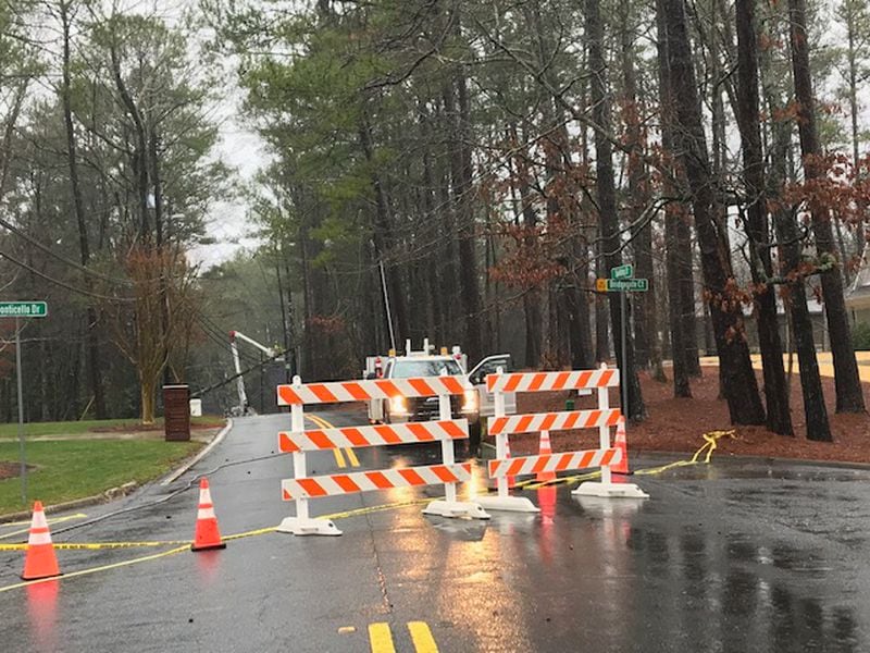 This is the scene at Bridgegate Court where a tree has fallen and is blocking residential roads in Sandy Springs. (Courtesy the city of Sandy Springs)