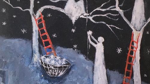 Jeanie Tomanek's painting, "Stitching the Stars," appears on the cover of Raquel Vasquez Gilliland's poetry collection, "Dirt and Honey."
Courtesy of Jeanie Tomanek