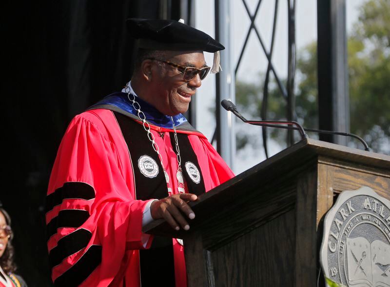5/22/17 - Atlanta - School president Ronald Johnson address the graduates.  Clark Atlanta University's Panther Stadium was the site of their 28th annual Commencement.  Businessman William Pickard gave the commencement address.   Rev. Jesse Jackson, who received an honorary degree, also spoke.   Panther Stadium,  BOB ANDRES  /BANDRES@AJC.COM