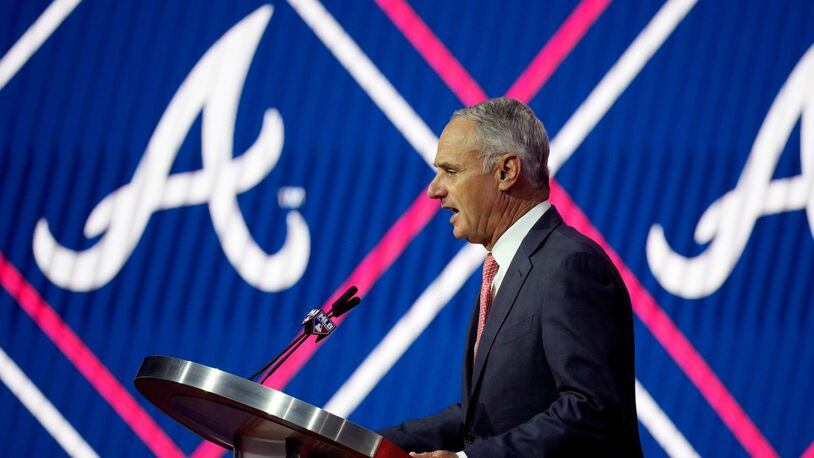 MLB Commissioner Rob Manfred announces the 24th pick in the first round of the 2021 MLB First-Year Player Draft, Sunday, July 11, 2021, in Denver. (David Zalubowski/AP)