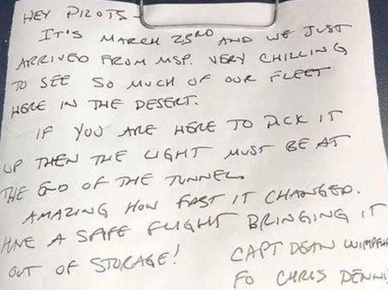 First Officer Chris Dennis' short, handwritten letter left on the flight deck of an A321 parked in the California desert at the beginning of the pandemic was discovered by a fellow pilot, more than a year later. (Image: Delta Air Lines)