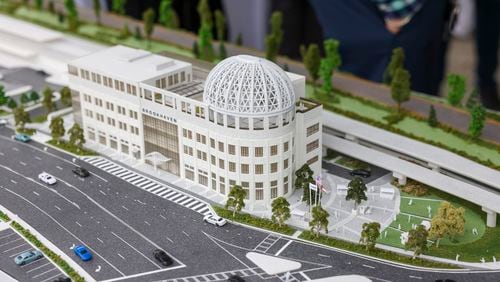 A model is shown of Brookhaven’s City Hall before the groundbreaking for Brookhaven’s $78 million City Hall at the Brookhaven MARTA Station parking lot, Wednesday, October 11, 2023, in Atlanta. (Jason Getz / Jason.Getz@ajc.com)
