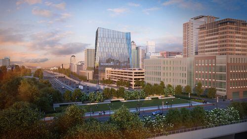 NCR’s new headquarters complex in Midtown Atlanta, shown here in a rendering and now under construction, reflects the area’s growth as a tech hub. Courtesy of NCR