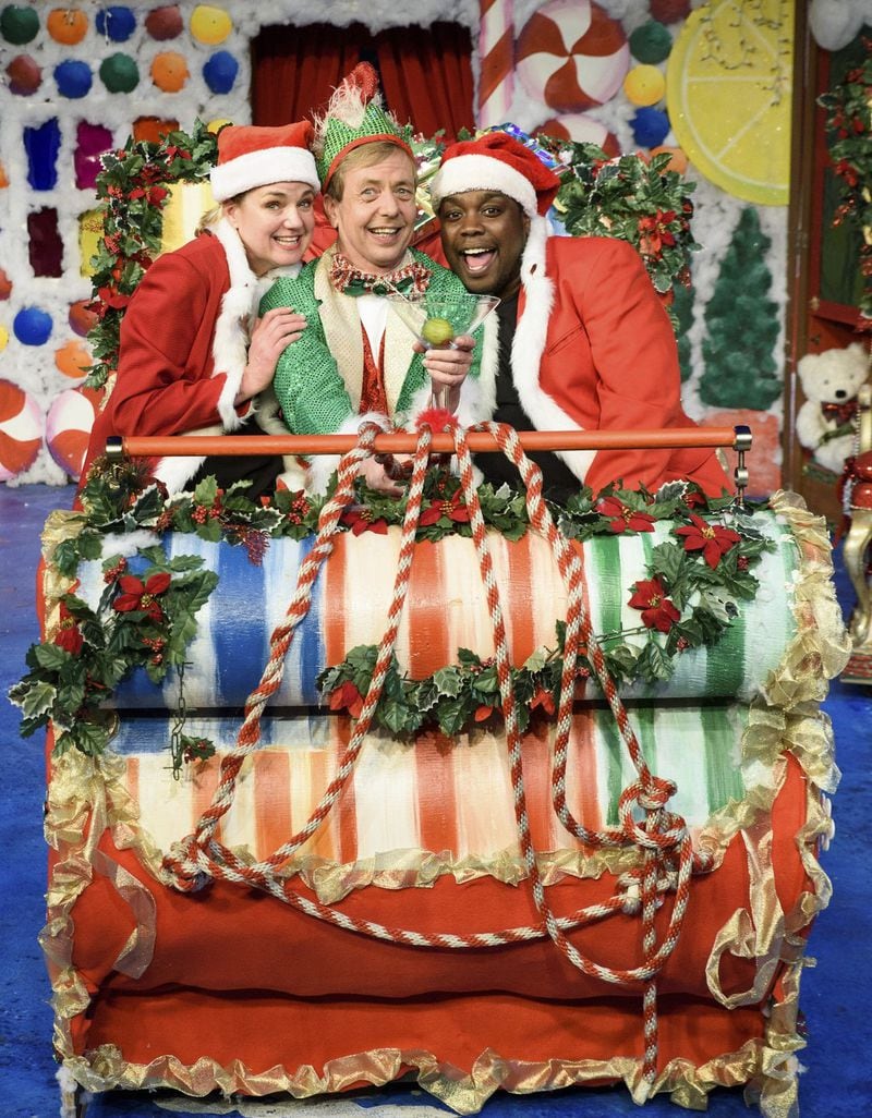 LaLa Cochran (from left), Harold M. Leaver and Enoch King appear in “The Santaland Diaries,” continuing through Dec. 31 at Horizon Theatre. CONTRIBUTED BY GREG MOONEY