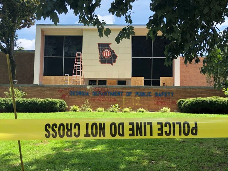 The Georgia Department of Public Safety headquarters on United Avenue suffered broken windows and was tagged with graffiti following a protest that turned violent late Saturday, July 4, 2020.  (Photo: J. Scott Trubey/AJC)