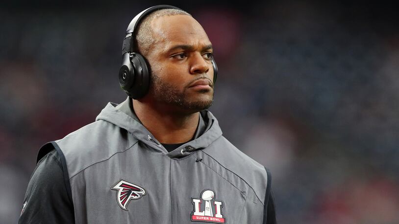 HOUSTON, TX - FEBRUARY 05: Dwight Freeney #93 of the Atlanta Falcons looks on prior to Super Bowl 51 against the New England Patriots at NRG Stadium on February 5, 2017 in Houston, Texas. (Photo by Tom Pennington/Getty Images)