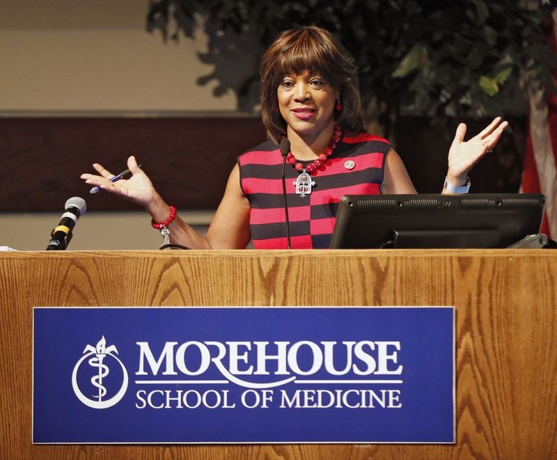 Dr. Valerie Montgomery Rice welcomed the incoming class during a program in the auditorium in this June 2019 file photo. When Montgomery Rice became the first woman to head the Morehouse School of Medicine in 2014, she had big plans, including increasing the number of aspiring physicians the school admitted. BOB ANDRES / ROBERT.ANDRES@AJC.COM