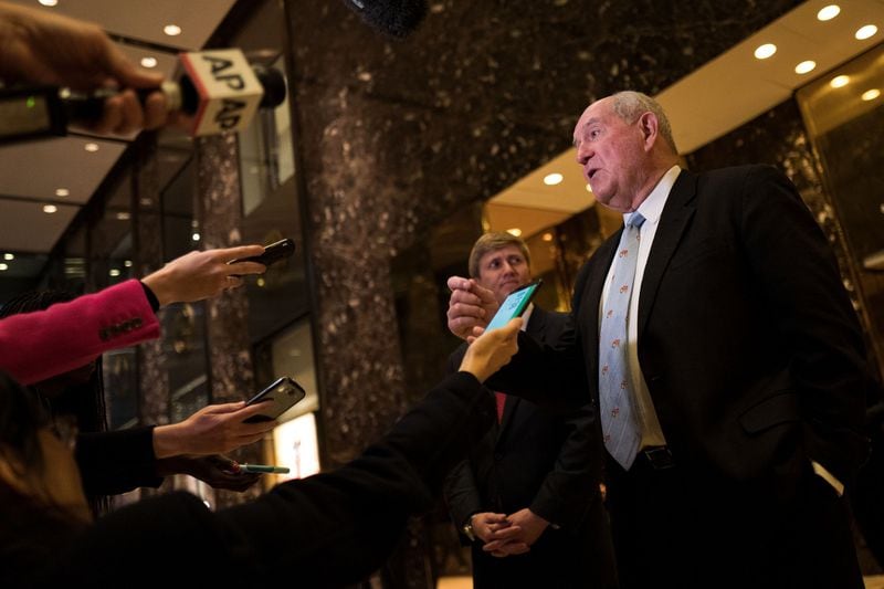 Sonny Perdue speaks to reporters at Trump Tower in New York City in November. Trump later announced that he was nominating Perdue for agriculture secretary. (Drew Angerer / Getty Images)