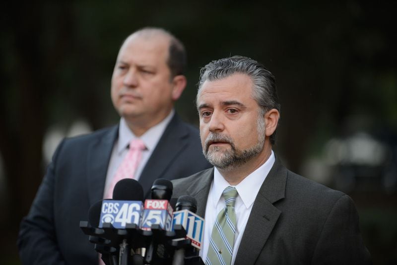 Defense attorney Maddox Kilgore speaks to the media outside the Glynn County Courthouse in Brunswick after his client Justin Ross Harris was found guilty on all eight counts in his murder trial. (John Carrington / for the AJC)
