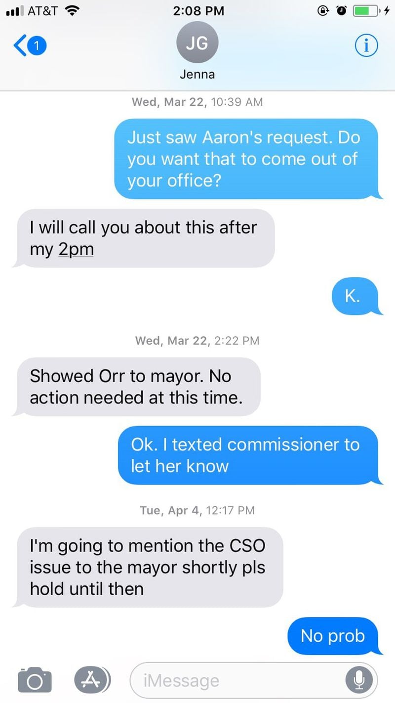 This text exchange between then-Atlanta Watershed communications manager Lillian Govus and former Kasim Reed press secretary Jenna Garland shows the two discussing how to handle a Channel 2 open records request for Commissioner Kishia Powell’s travel records. Govus’ texts are in blue.