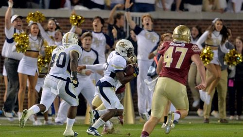 October 24, 2015 Atlanta: Georgia Tech Yellow Jackets defensive back Lance Austin returns a blocked field goal for a touchdown on the final play of the game to upset the Florida State Seminoles Saturday October 24, 2015. in Atlanta. BRANT SANDERLIN/BSANDERLIN@AJC.COM