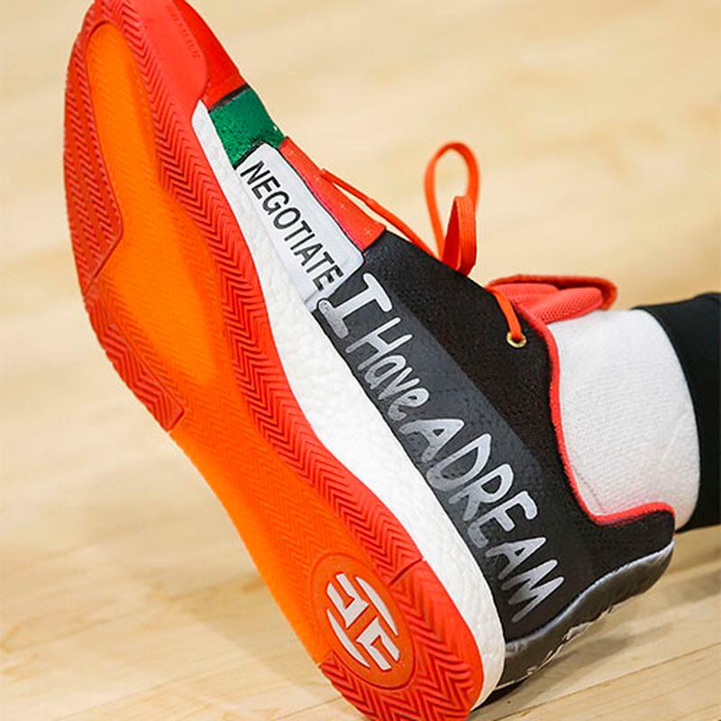 Atlanta Hawks guard Trae Young's sneaker commemorating MLK Day Monday, Jan. 21, 2019, at State Farm Arena in Atlanta.