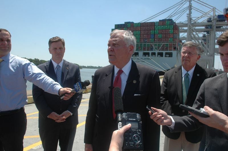 Gov. Nathan Deal briefed reporters on Friday, May 12, 2017, at the Garden City Terminal at the Savannah port. Deal welcomed the Cosco Development, the largest container ship to ever port on the East Coast. J. Scott Trubey/strubey@ajc.com