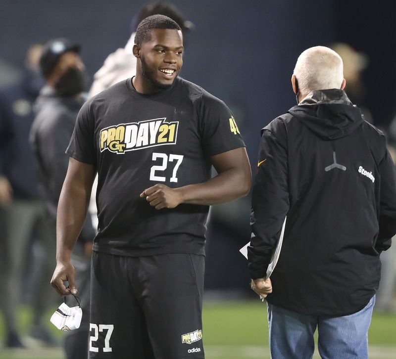 Georgia Tech punter Pressley Harvin (27) is all smiles while participating in the school's Pro Day for NFL scouts Tuesday, March 16, 2021, at Rose Bowl Field and the Mary and John Brock Football Practice Facility in Atlanta.  (Curtis Compton / Curtis.Compton@ajc.com)