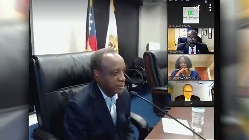 DeKalb County CEO Michael Thurmond and several members of the DeKalb County Board of Commissioners during a virtual Tuesday morning meeting.