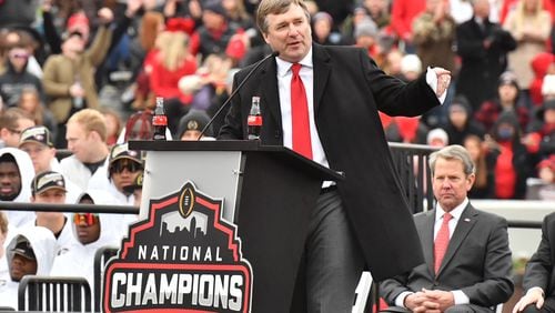 UGA football coach Kirby Smart, speaks to the crowd of Bulldogs fans Saturday, Jan. 15, 2022, at Sanford Stadium. Thousands turned out to cheer the University of Georgia football team for their National Championship victory. Many colleges and universities see admissions and enrollment increases after winning a championship in basketball or football. (Hyosub Shin / Hyosub.Shin@ajc.com)