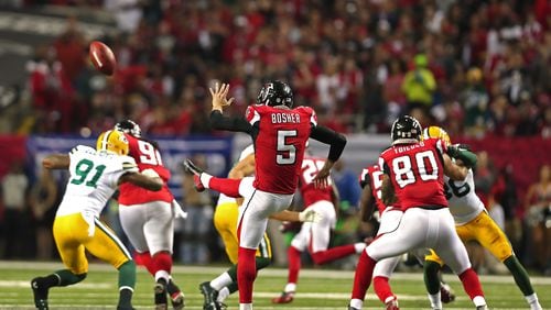 ATLANTA, GA - JANUARY 22: Matt Bosher #5 of the Atlanta Falcons punts the ball off to the Green Bay Packers during the first quarter in the NFC Championship Game at the Georgia Dome on January 22, 2017 in Atlanta, Georgia.  (Photo by Tom Pennington/Getty Images)