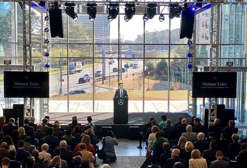 Dietmar Exler, the CEO of Mercedes-Benz USA, addresses the crowd at the grand opening of the German automaker’s North American headquarters in Sandy Springs. Thursday, March 15, 2018. J. Scott Trubey/strubey@ajc.com