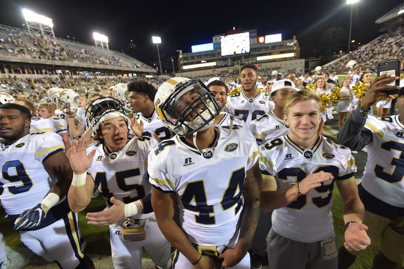 Georgia Tech players celebrates a 38-24 victory over the Wake Forest Saturday, Oct. 21, 2017, at Bobby Dodd Stadium in Atlanta.