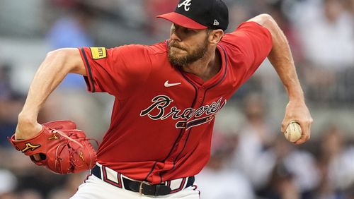 Atlanta Braves pitcher Chris Sale (51) delivers in the first inning against the Cleveland Guardians during a baseball game, Friday, April 26, 2024, in Atlanta. The Braves won 6-2.  (AP Photo/Mike Stewart)
