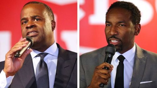 (From left to right) Former Atlanta Mayor Kasim Reed and Atlanta councilman Andre Dickens at a mayoral debate hosted by The Young Democrats of Atlanta at Manuel’s Tavern on Wednesday, August 4, 2021, in Atlanta.