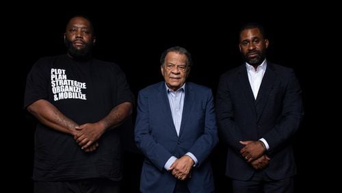 Left to right: Michael Render, also known as Killer Mike, former Atlanta Mayor Andrew J. Young and businessman Ryan Glover lead Greenwood, a financial technology company based out of Atlanta.