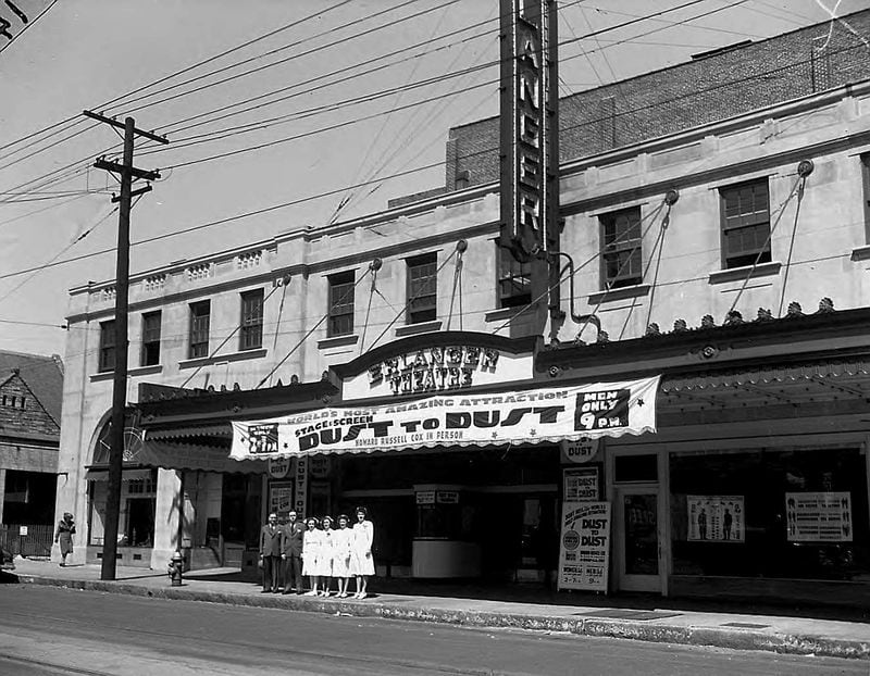 The Erlanger Theatre: The Erlanger was on Peachtree Street on the same block as North Avenue Presbyterian Church. It opened in 1926, changed its name to the Tower Theatre, then the Columbia Theatre, before it was finally demolished in 1995. The space now serves as a parking lot. (Lane Brothers, LBGPF8-029g GSU Special Collections)