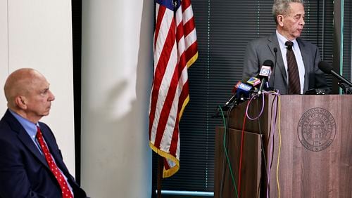 Former Gwinnett District Attorney Daniel J. Porter (right) and Prosecuting Attorneys’ Council of Georgia Executive Director Peter J. Skandalakis (left) speak during a press conference announcing the charging decision in the Rayshard Brooks case on Tuesday, August 23, 2022.