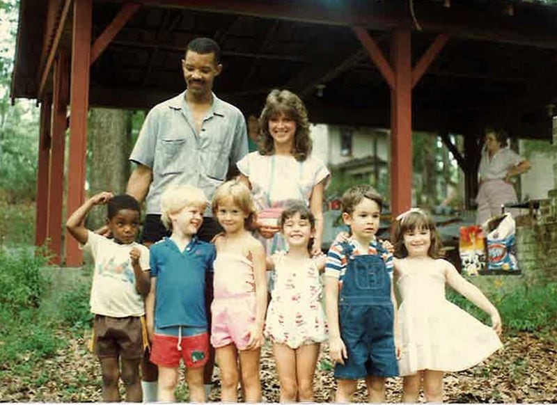 Danny Darby, back row, has taught preschoolers at Georgia State University's Child Development Center for 40 years. Ashli Owen-Smith, front, third from right in this 1984-ish photo, is now a professor at Georgia State and has a son in Darby's program. (Photo courtesy of Ashli Owen-Smith)