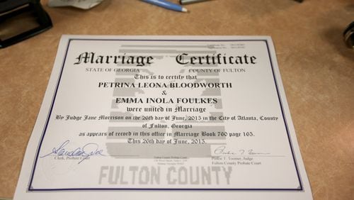 The first same-sex marriage certificate issued in Fulton County, and possibly in Georgia. Ben Gray, bgray@ajc.com