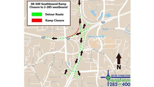 Map depicts the recommended detour when the ramp from southbound Ga. 400 to westbound I-285 is closed for construction in the Perimeter area of North Fulton and DeKalb counties. GEORGIA DEPARTMENT OF TRANSPORTATION