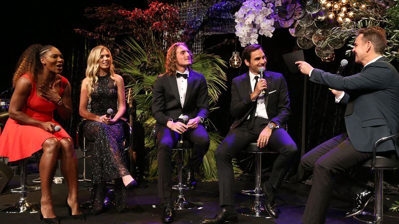 Todd Woodbridge interviews Serena Williams of the United States, Katie Boulter of Great Britain, Stefanos Tsitsipas of Greece and Roger Federer of Switzerland on stage at the Hopman Cup New Years Eve Gala dinner during day three of the 2019 Hopman Cup at RAC Arena on December 31, 2018 in Perth, Australia.