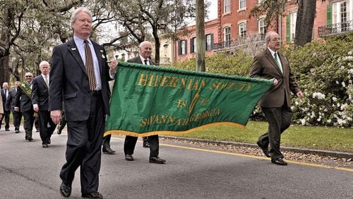 The members of the Savannah Hibernian Society march in several St. Patrick's Day celebration events, including the parade started by the society in 1824. (Photo courtesy of the Hibernian Society)