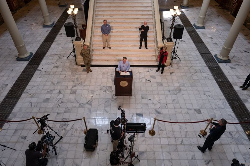 Gov. Brian Kemp gives remarks and answers questions during a press conference Wednesday afternoon, April 8, 2020, at the state Capitol. Kemp announced that he is extending the coronavirus shelter-in-place order through April. (Ben@BenGray.com for the Atlanta Journal-Constitution)