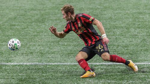 Atlanta United Forward Jon Gallagher (26) controls the ball during the second half of a MLS game against the New York Red Bulls at Mercedes-Benz Stadium on Saturday, Oct. 10, 2020, in Atlanta. Branden Camp/For the Atlanta Journal-Constitution