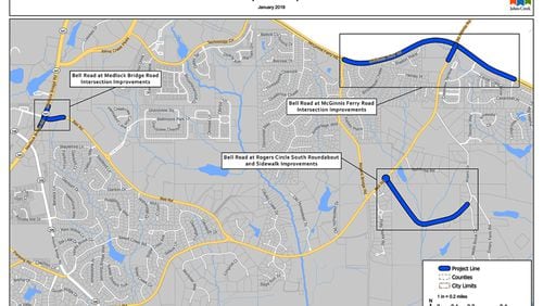Johns Creek has budgeted up to $755,000 to acquire right-of-way for three highway improvement projects along Bell Road. CITY OF JOHNS CREEK